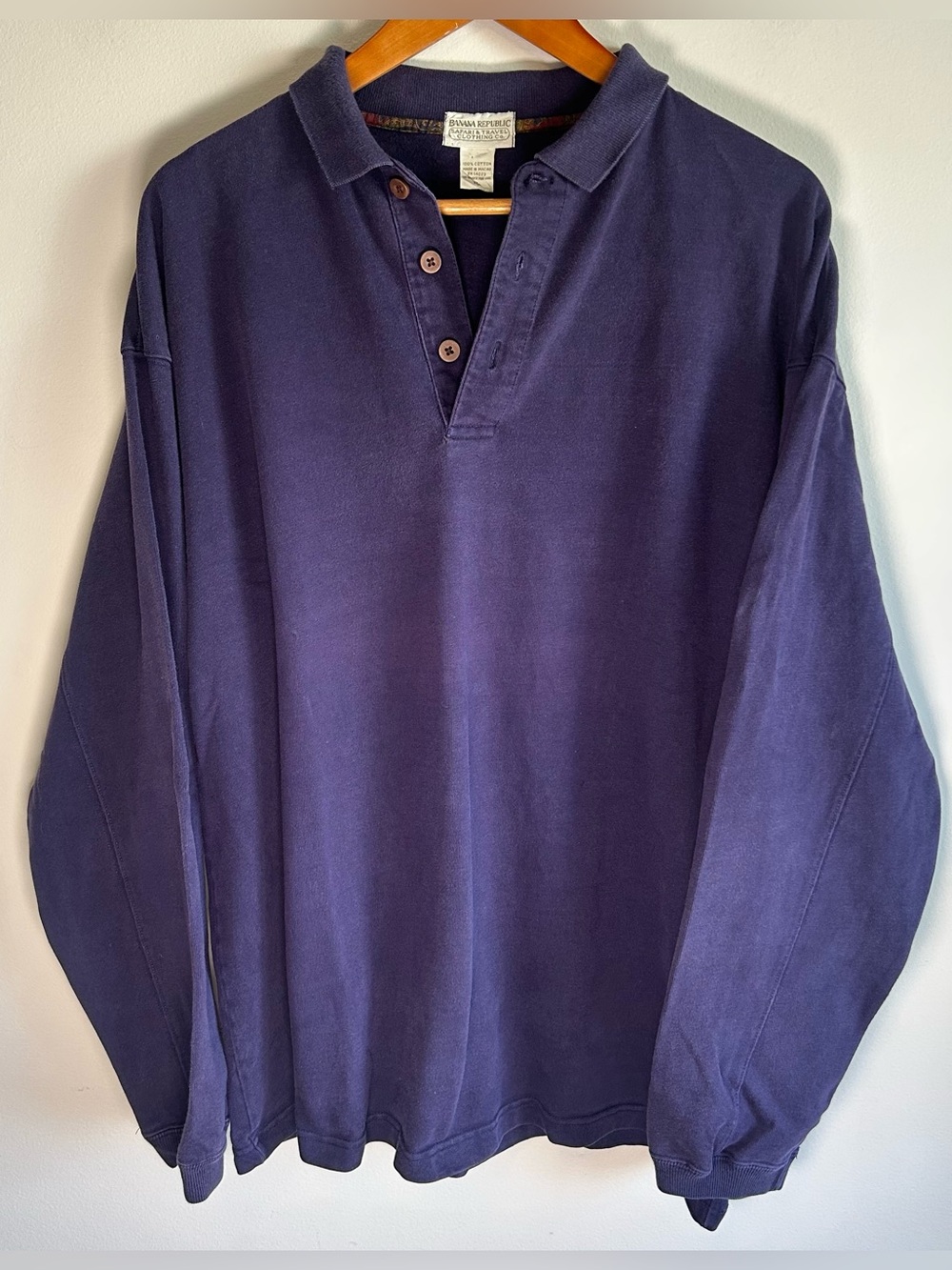 Vintage Banana Republic Safari Travel Long Sleeve Polo Shirt Mens XL Blue Purple